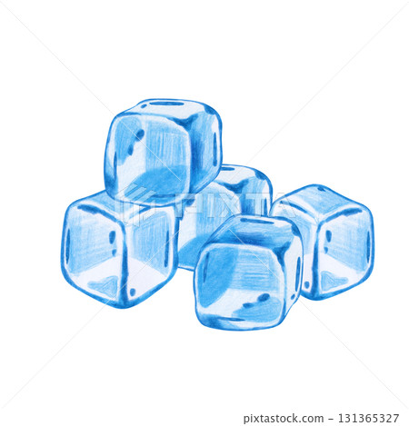 Composition of ice cubes, hand-drawn with pencils, on a white background. Children's illustration of transparent cubes of frozen water with colored pencils. Frozen water. Cold. Clipart. Composition of ice cubes, hand-drawn with pencils, on a white background. Children's illustration of transparent cubes of frozen water with colored pencils. Frozen water. Cold. Clipart. 131365327