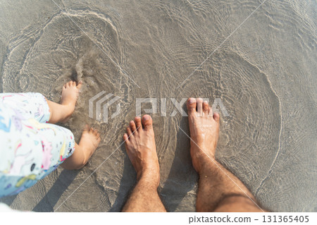 Fun Family Moments at the Beach, Father and Child Splashing Feet in Shallow Water, Enjoying Sunlight and Waves on a Summer Day Fun Family Moments at the Beach, Father and Child Splashing Feet in Shallow Water, Enjoying Sunlight and Waves on a Summer Day 131365405