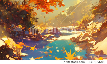 A beautiful Japanese natural landscape painted in watercolor style, depicting an autumn river with red leaves flowing, evoking a sense of tranquility and melancholy. 131365688
