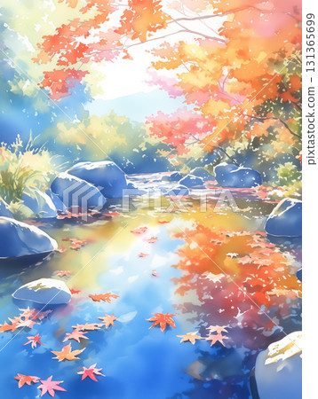 一幅以水彩風格繪製的美麗日本自然風景畫,描繪了一條秋天的河流,紅葉流淌,喚起一種寧靜和憂鬱的感覺。 一幅以水彩風格繪製的美麗日本自然風景畫,描繪了一條秋天的河流,紅葉流淌,喚起一種寧靜和憂鬱的感覺。 131365699