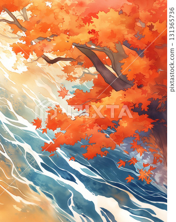 A beautiful watercolor illustration of a Japanese autumn landscape, with red and yellow autumn leaves flowing in a quiet river. 131365736