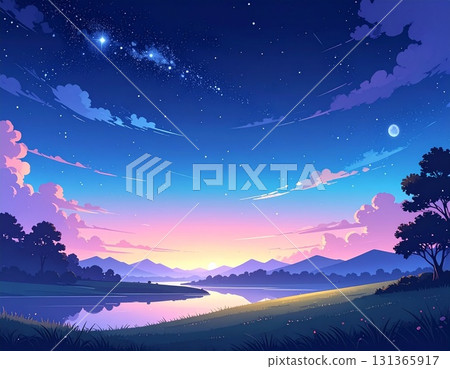 美麗的星空和寧靜的湖畔風景 131365917