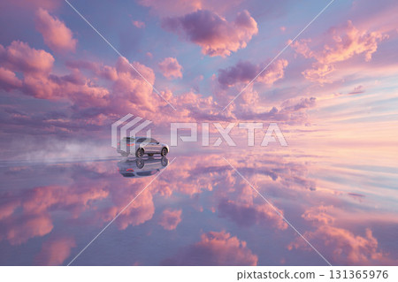 黃昏時分,一輛汽車駛過鹽湖 黃昏時分,一輛汽車駛過鹽湖 131365976