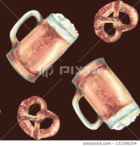 Mug of Beer with pretzel watercolor seamless pattern. Pint light beer, glass of ale realistic painted Germany food and drink. Hand drawn on isolated dark background illustration. Bavarian Oktoberfest 131366204