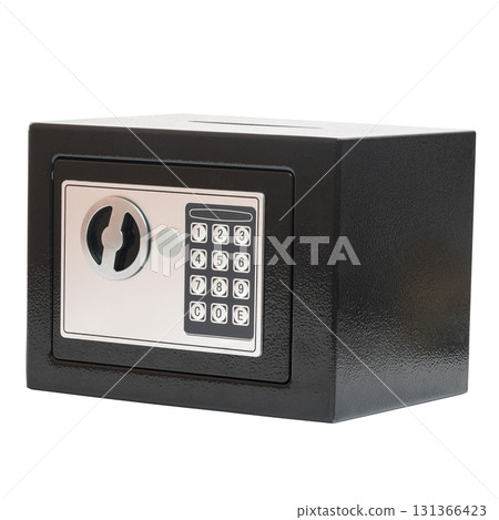 Black electronic safe with keypad and key lock isolated on white background Black electronic safe with keypad and key lock isolated on white background 131366423