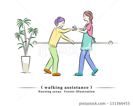 護理人員協助老年婦女扶著扶手行走 | 護理系列 131366455