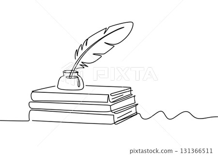 Quill Pen on a Stack of Books Continuous One Line Drawing Vector. Vintage Literature and History Vector Art. 131366511