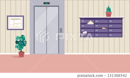 Elevator Hallway. Apartment Elevator Lobby with Notice Board, and Staircase. A residential corridor. The interior of the 1st floor. Vector illustration of the interior of a room 131366542