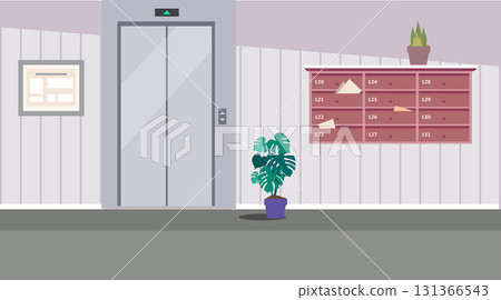 Elevator Hallway. Apartment Elevator Lobby with Notice Board, and Staircase. A residential corridor. The interior of the 1st floor. Vector illustration of the interior of a room Elevator Hallway. Apartment Elevator Lobby with Notice Board, and Staircase. A residential corridor. The interior of the 1st floor. Vector illustration of the interior of a room 131366543
