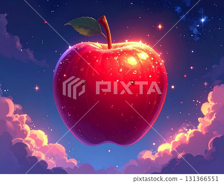 鮮紅的蘋果漂浮在夜空中，呈現出奇幻而神秘的景象 131366551