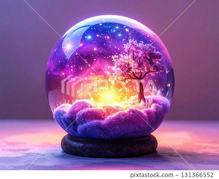 夢幻插畫：一個神奇的雪球，裡面有一棵發光的樹 131366552