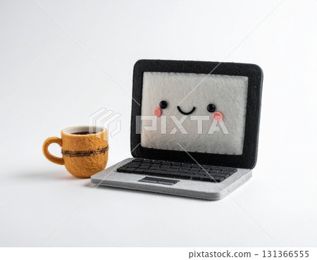 A cute illustration of a smiling computer and coffee cup in a felt style A cute illustration of a smiling computer and coffee cup in a felt style 131366555