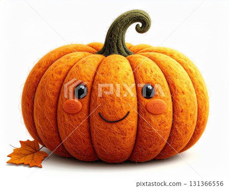 Cute autumn illustration of a smiling felt pumpkin on a white background Cute autumn illustration of a smiling felt pumpkin on a white background 131366556