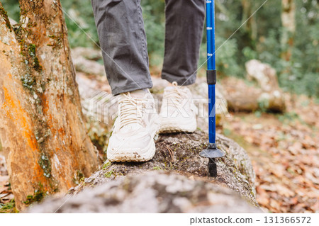 Close up of hiker walking on tree trunk in forest, symbol of adventure, exploration, balance, outdoor lifestyle, trekking, challenge and journey through nature with hiking boots. hiking adventure 131366572