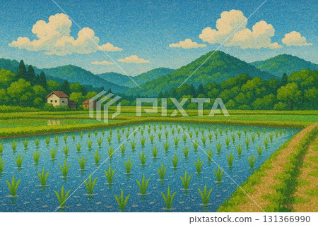 Rice field in May, immediately after rice planting, rice planting, Satoyama landscape, sand painting style 131366990
