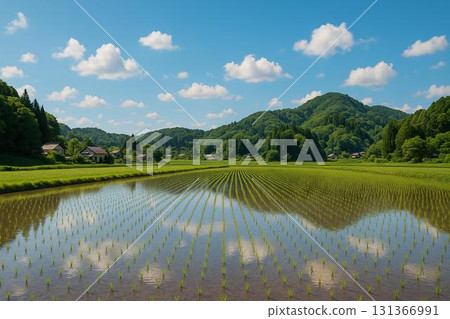 Rice fields in May, immediately after rice planting, rice planting, Satoyama landscape, photorealistic 131366991