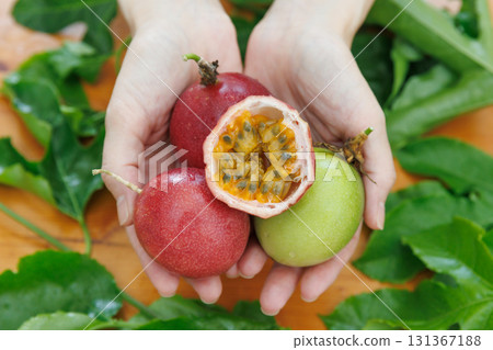 Hand holding passion fruit Hand holding passion fruit 131367188