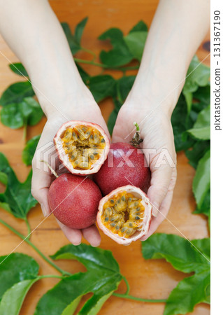 Hand holding passion fruit Hand holding passion fruit 131367190