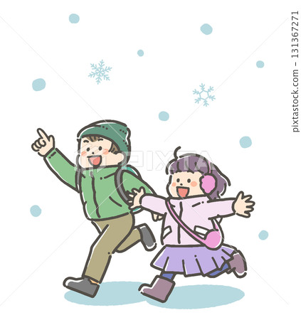 Illustration of a boy and girl going out in the snow 131367271