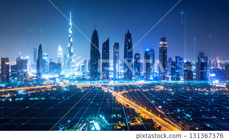 A pale blue glowing future cityscape A pale blue glowing future cityscape 131367376