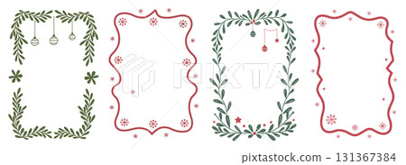 Hand-drawn Christmas Doodle Frame Vector Set. Festive Holiday Borders for Invitations Vector. 131367384