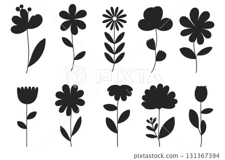 Wildflower and Botanical Silhouette Vector Set. Elegant Floral and Leaf Vector Icons. 131367394