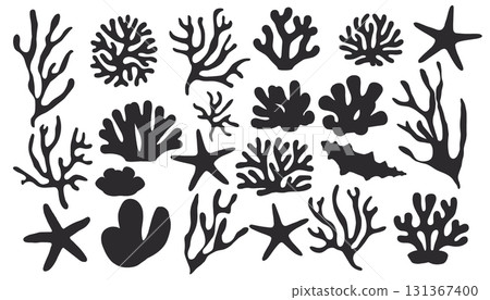 Abstract Seaweed and Coral Silhouette Vector Set. Modern Underwater Botanical Shapes Vector. 131367400