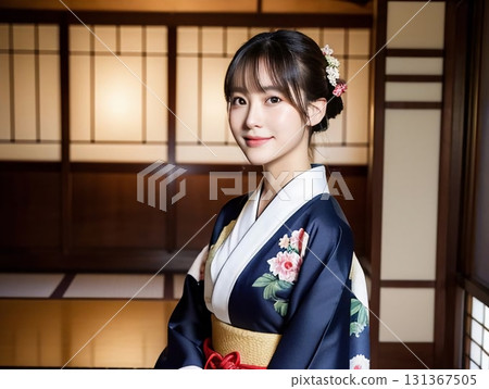 一位身穿黑色正式和服的女士站在日式走廊裡 131367505