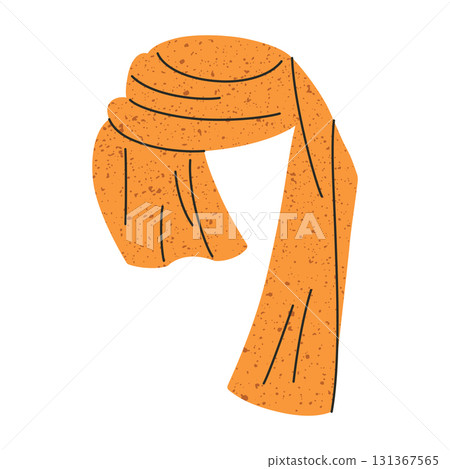 Warm autumn or winter yellow scarf, flat cartoon vector illustration for seasonal fashion design, cozy clothing accessory, stylish knitwear element for apparel, poster, card and decorative composition 131367565