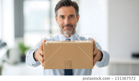 Businessman holding out a cardboard box in an office environment. 131367572