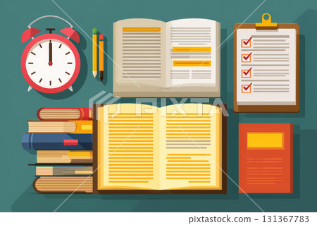 Open book, stack of books, alarm clock, clipboard with checklist, and stationery on green table, study and productivity concept Open book, stack of books, alarm clock, clipboard with checklist, and stationery on green table, study and productivity concept 131367783