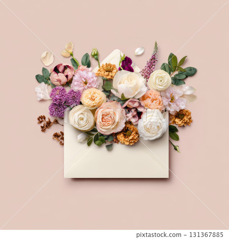 Envelope flower rose blossom pastel greeting arrangement romantic flat lay celebration. An envelope filled with pastel flower arrangement romantic 131367885