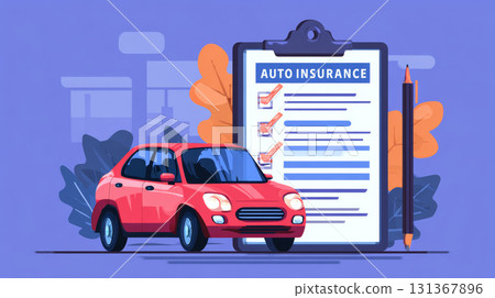 Red car insurance document checklist pen leaf illustration transportation safety policy 131367896