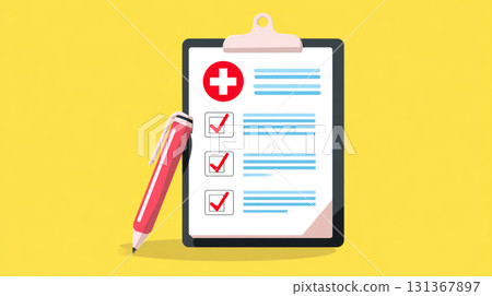 Medical checklist, clipboard, red pen, healthcare document, check marks, and blue text on yellow background, conveying organization and clarity 131367897