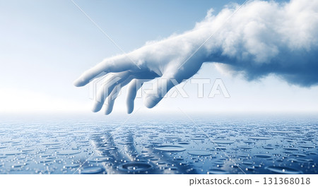 Cloud Hand Reaching Over Water Surface With Reflections and Bubbles 131368018
