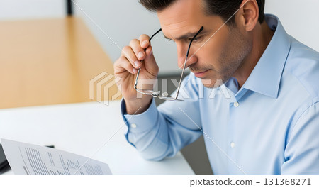 Man Holding Glasses Reading Document with Serious Expression 131368271