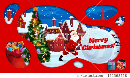 Christmas paper cut banner with winter town landscape and funny Santa, cartoon vector. Merry Christmas greeting card with Satna rolling snowball, Xmas tree and New Year gifts in paper cut winter town 131368338