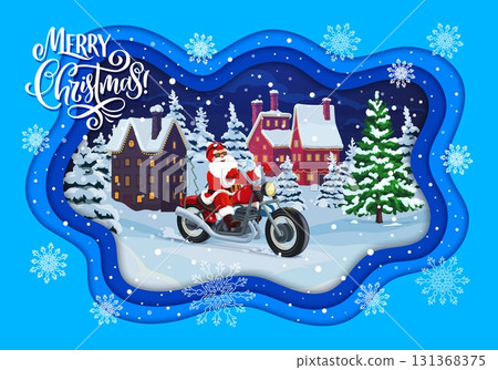 Merry Christmas paper cut banner with Santa on motorcycle, cartoon vector. Christmas greeting card with Santa biker riding motorcycle bike in winter holiday town or New Year village in paper cut snow Merry Christmas paper cut banner with Santa on motorcycle, cartoon vector. Christmas greeting card with Santa biker riding motorcycle bike in winter holiday town or New Year village in paper cut snow 131368375