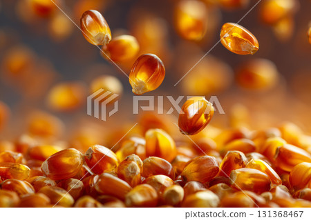 Golden popcorn kernel closeup organic dry healthy ingredient snack agriculture macro food 131368467