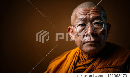 Bald elderly Asian monk wearing orange robe and round eyeglasses, calm expression, studio lighting, brown background 131368473