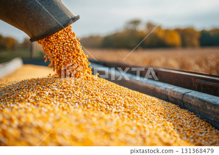 Corn kernel harvest agriculture autumn yellow grain field rural food crop abundance outdoor sunny farm machinery organic fresh nature countryside 131368479