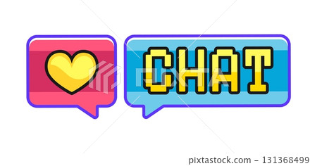 Chat Y2K groovy sticker or retro symbol. Digital communication cartoon vector tag, retro computer technology funky label. Chat love message patch or sticker with pixelated typography and heart Chat Y2K groovy sticker or retro symbol. Digital communication cartoon vector tag, retro computer technology funky label. Chat love message patch or sticker with pixelated typography and heart 131368499