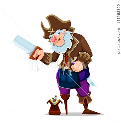 Cartoon pirate surgeon ship crew character with wooden peg leg and beard, dressed in rugged attire holding a saw and potion bottles. Vector medical doctor corsair personage for fantasy adventure games 131368500