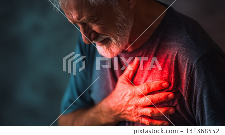 Elderly man experiencing chest pain with hand on heart showing discomfort and health concern in dim light 131368552