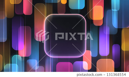 Colorful glowing rounded rectangles with neon light effect on dark background create vibrant abstract digital art 131368554