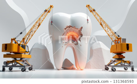 Tooth decay concept with large damaged tooth and construction cranes repairing it, creative dental health illustration with bright lighting 131368593