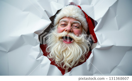Cheerful man with white beard and red hat laughing through torn white paper background in festive mood 131368607
