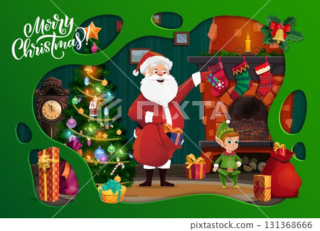 Christmas paper cut banner with Santa Claus near fireplace and holiday socks, vector greeting card. Merry Christmas winter holiday banner with Xmas tree and Santa putting gifts in socks at fireplace 131368666