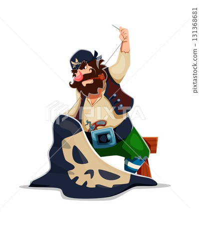 Cartoon pirate tailor ship crew character sitting on stool sewing a black skull flag with determined and focused expression. Vector sea corsair personage with traditional clothing and smoking a pipe Cartoon pirate tailor ship crew character sitting on stool sewing a black skull flag with determined and focused expression. Vector sea corsair personage with traditional clothing and smoking a pipe 131368681