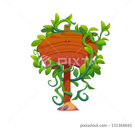Cartoon wooden sign board decorated with tropical jungle leaves and lianas, vector signboard. Wooden sign board or signage post in tropical rainforest tendrils of liana vines and monstera leaves Cartoon wooden sign board decorated with tropical jungle leaves and lianas, vector signboard. Wooden sign board or signage post in tropical rainforest tendrils of liana vines and monstera leaves 131368693